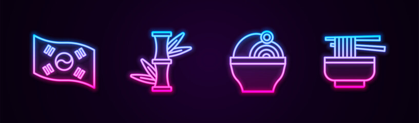 Wall Mural - Set line South Korea flag, Bamboo, Ramen and . Glowing neon icon. Vector