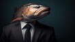  a man in a suit and tie with a large fish on his head in the shape of a man in a suit and tie.  generative ai