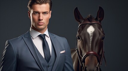 Canvas Print -  a man in a suit and tie standing next to a horse in front of a dark background with a horse in the background.  generative ai