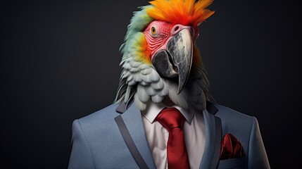 Canvas Print -  a close up of a parrot wearing a suit and tie with a red and yellow mohawk on it's head.  generative ai