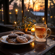 On a cozy windowsill are artistically decorated Christmas cookies next to steaming cups of rich hot chocolate. Outside, snow blankets the scene, while inside, a sense of warmth prevails.