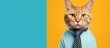 The business party had a fashion theme with a trendy blue and orange background Hanging on the wall was a stylish calendar poster featuring a cute cat with captivating blue eyes promoting a