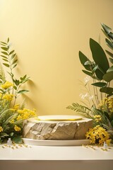 Aufkleber - Yellow Empty showcase pedestal product display for cosmetic presentation with flowers and leaves, copy space