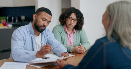 Poster - Couple, signature and documents with lawyer in home for real estate investment, life insurance or finance at table. Man, women and paperwork with sign for loan or mortgage contract and will agreement