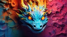  A Painting Of A Dragon With Orange Eyes And A Blue Dragon's Head On A Multicolored Background.  Generative Ai