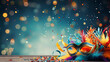 Colorful party carnival birthday celebration background, Carnival panoramic banner, Сarnival mask with feathers, party confetti and bokeh on a wooden table with copy space. Colored confetti flying