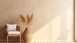 © Fred - Empty beige wall mockup in boho room interior with wicker armchair and vase Natural daylight from a window Promotion background