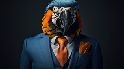 Poster -  a parrot in a blue suit with an orange tie and a blue jacket with a white shirt and orange tie.  generative ai