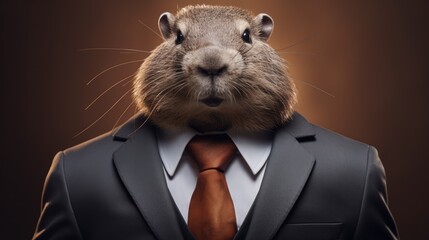 Canvas Print -  a close up of a person wearing a suit and tie with a rodent's head on his shoulders.  generative ai