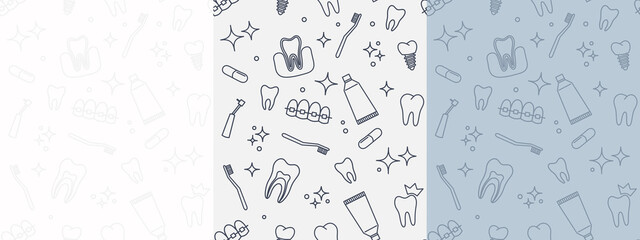 medical seamless background set patterns with teeth in trendy linear style dentistry doctor