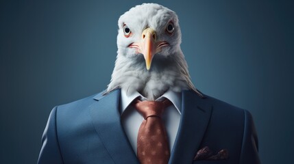  a bald eagle in a blue suit with a red tie and a white bird's head in the center of the picture.  generative ai