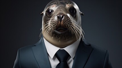 Canvas Print -  a seal wearing a suit and tie with his head in the shape of a man in a suit and tie.  generative ai