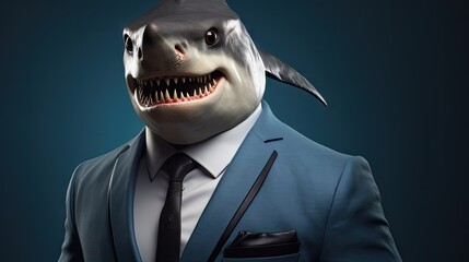 Poster -  a man in a suit with a shark mask on his head and a suit with a shark's mouth.  generative ai