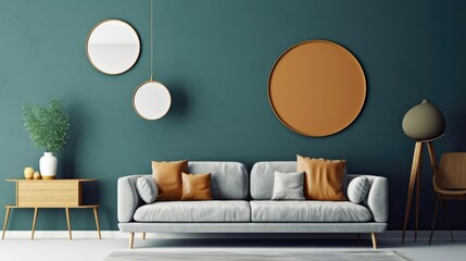 Grey sofa against dark teal wall with decorative circles as wall decor Midcentury scandinavian home interior design of modern