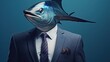  a man in a suit and tie with a fish head on his head, wearing a suit and tie, standing in front of a blue background.  generative ai