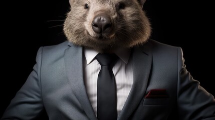 Canvas Print -  a close up of a person wearing a suit and tie with a bear's head on his jacket and tie.  generative ai