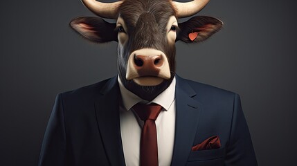 Poster -  a man in a suit and tie with a bull's head on his face in front of a dark background.  generative ai