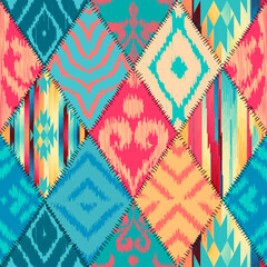 Leinwandbilder - Quilting design patchwork pattern. Traditional ikat fabric style. Vector seamless pattern.