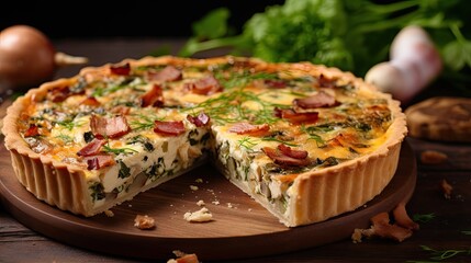 Poster -  a quiche with a slice taken out of it on a wooden platter next to onions and parsley.  generative ai