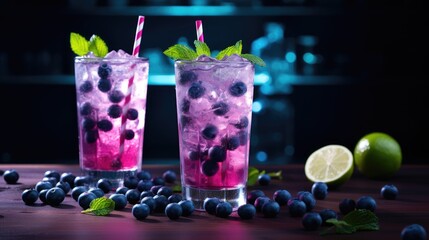 Sticker -  two glasses of blueberries and limeade are on a table with blueberries and limes on the table.  generative ai