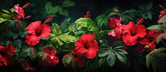 Wall Mural - The beautiful background of the garden was filled with the vibrant colors of green leaves and red hibiscus flowers creating a breathtaking display of nature s own art