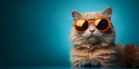  Cat wearing sunglasses on a dark turquoise background, banner with empty space for inserting text and logo, digital art, panoramic background, minimalist