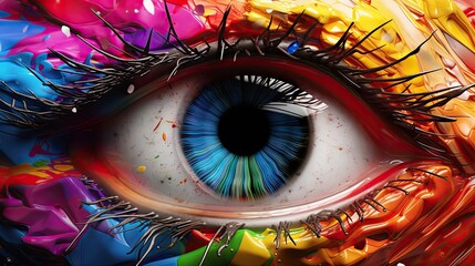 Wall Mural -  a close up of a colorful eye with lots of paint splattered on it's iris and eyelashes.  generative ai