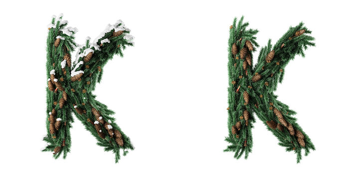 Christmas letter K. Christmas typography. Christmas font or type, holiday typeface, and alphabet on a transparent background. 3D Rendering.