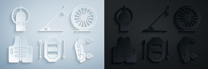 Wall Mural - Set Rafting boat, Bicycle wheel, Life jacket, Knee pads, Skateboard and Aqualung icon. Vector