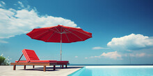 A Beach Scene With A Red Umbrella And A Blue Sky ,beach Chairs Under An Umbrella On A Beach With Generative Ai
