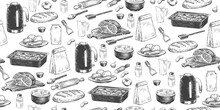 Seamless Pattern With Sketches Of Kitchen Utensils For Cooking. Background With Kettle, Spatula, Measuring Cup, Peeler, Spice Packs, Baking Tray, Roast Beef On Cutting Board. Hand Drawn Illustration