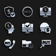 © Oksana - Set Computer monitor, Envelope with coin dollar, Buy button, Speech bubble, Phone and speech, Business man planning mind, and Shield icon. Vector
