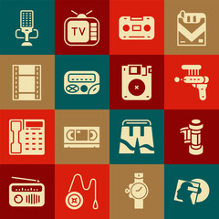 Sticker - Set Vinyl disk, Camera roll cartridge, Ray gun, Retro audio cassette tape, Pager, Play Video, Microphone and Floppy icon. Vector