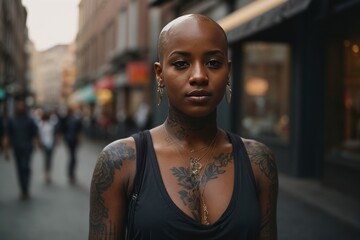 Poster - Close-up portrait of a beautiful young bald shaved head African American woman with a tattoo on a New York street