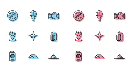 Sticker - Set line Passport with ticket, Tourist tent, Compass, Wind rose, Suitcase for travel, Map pointer Eiffel tower and Hot air balloon icon. Vector