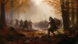 Celtic warriors launching an attack on roman soldiers in the woods created with Generative AI
