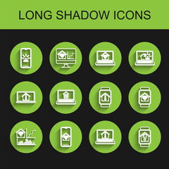 Poster - Set line Smart home with wi-fi, Mobile phone smart, house and alarm, Laptop temperature, watch light bulb, and icon. Vector