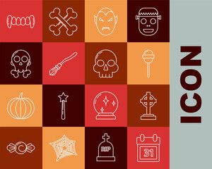 Wall Mural - Set line Calendar with Halloween date 31 october, Tombstone cross, Lollipop, Vampire, Witches broom, Skull crossbones, teeth and icon. Vector