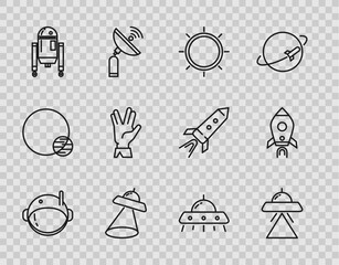 Poster - Set line Astronaut helmet, UFO flying spaceship, Sun, Robot, Vulcan salute, and Rocket with fire icon. Vector