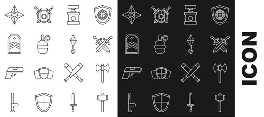 Sticker - Set line Battle hammer, Medieval axe, Crossed medieval sword, Handle detonator for dynamite, grenade, Chevron, Japanese ninja shuriken and icon. Vector