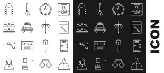 Sticker - Set line Anonymous with question mark, Prison cell door, Evidence bag and knife, Clock, Police car flasher, Jurors, Judge wig and Scales of justice icon. Vector