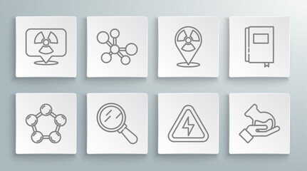 Sticker - Set line Molecule, Magnifying glass, High voltage, Test tube and flask, Radioactive location, Book and icon. Vector