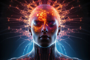 Wall Mural - spiritual life and esoteric concept. silhouette of human head with glowing neurons on dark backgroun