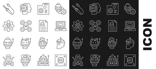 Poster - set line processor with microcircuits cpu, smart glasses, creating robot, motherboard digital chip, 