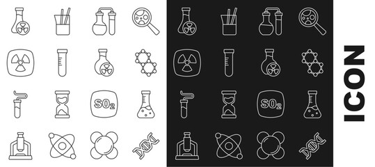 Poster - Set line DNA symbol, Test tube, Molecule, Radioactive, with toxic liquid and icon. Vector