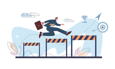 Canvas Print - Running with obstacles to goal. Businessman jump over hurdles, run to success. Office worker overcoming barriers, problems difficulties. Kicky corporate vector concept