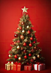 decorated christmas tree on a red background. generative ai.