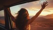 Happy woman stretches her arms while sticking out car window. Lifestyle, travel, tourism, nature, car, person, travel, females, summer, happy