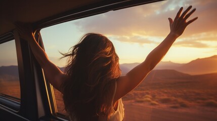 Happy woman stretches her arms while sticking out car window. Lifestyle, travel, tourism, nature, car, person, travel, females, summer, happy