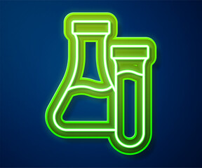 Sticker - Glowing neon line Test tube and flask chemical laboratory test icon isolated on blue background. Laboratory glassware sign. Vector